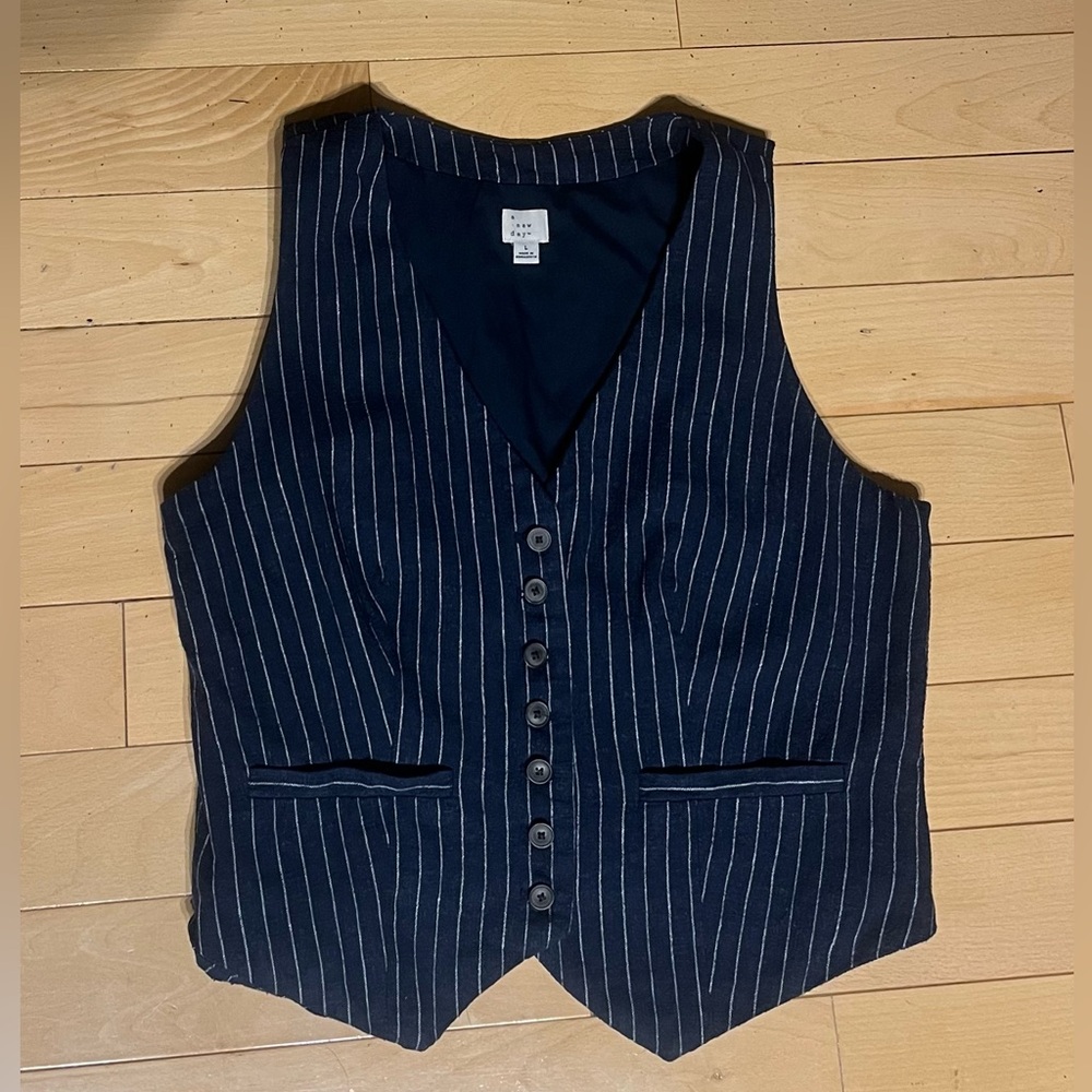 Women's Tailored Suit Vest - A New Day Navy Striped L - Picture 3 of 11